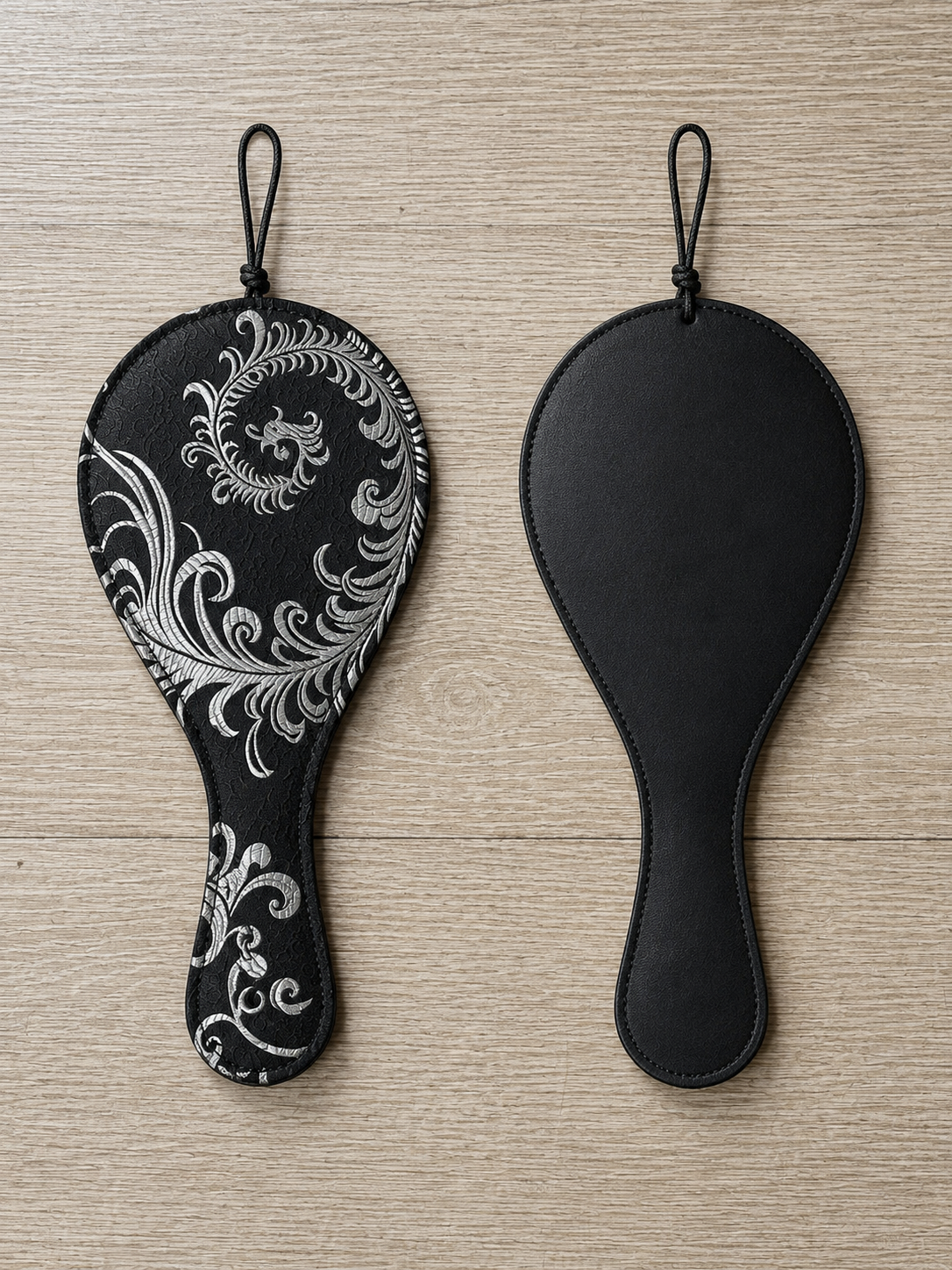 Midnight Scroll Double-Sided Spanking Paddle – Black & Silver