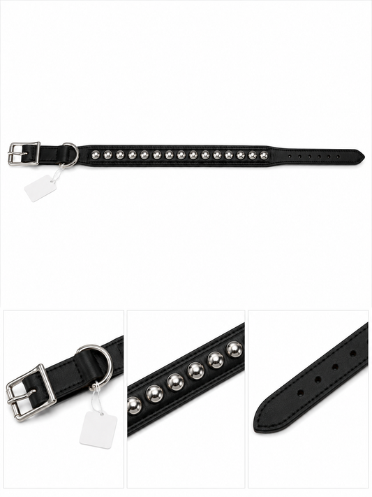 Classic Studded Black Collar – Silver Hardware