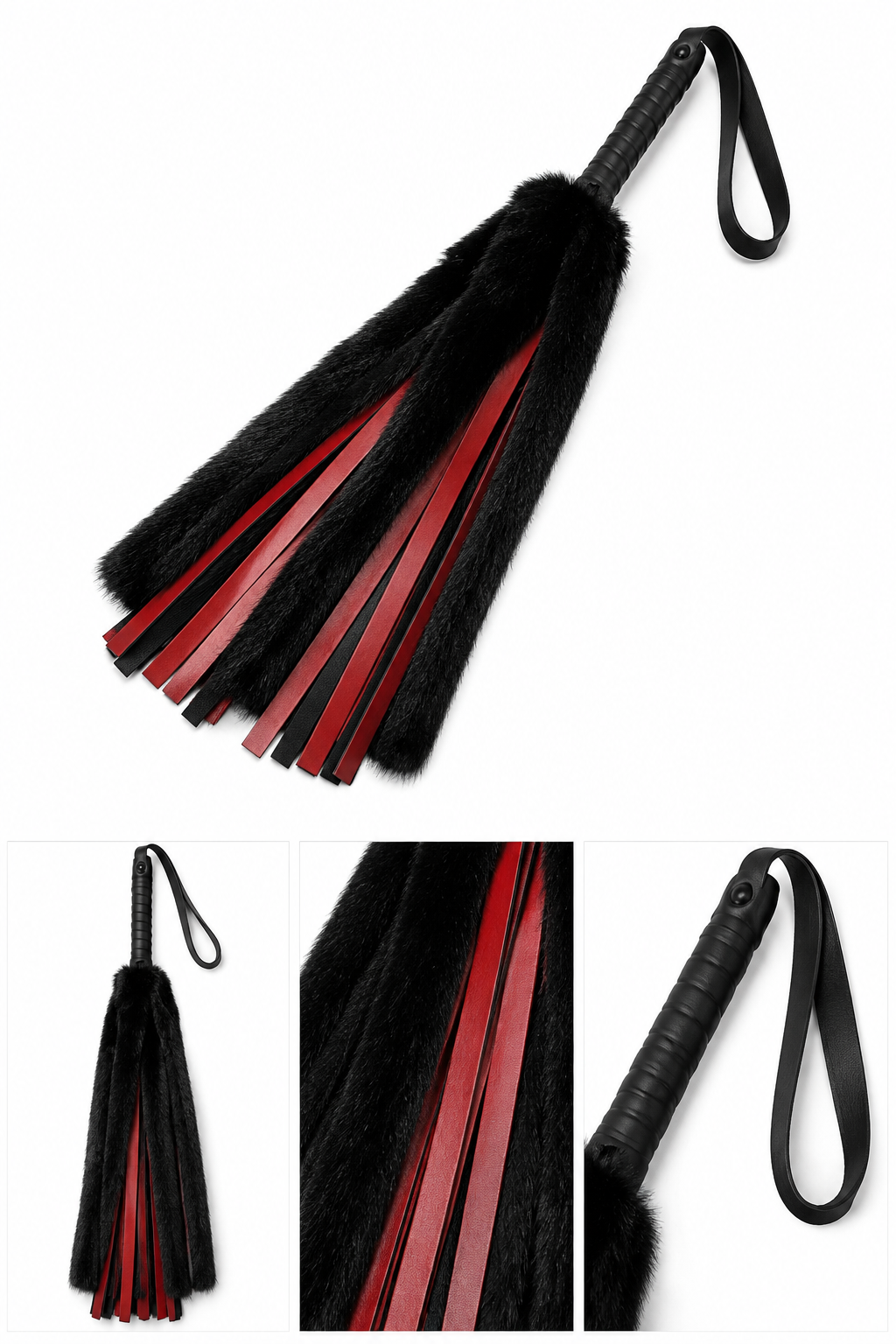 Midnight Tease 24" Faux Fur & Strap Flogger – Black & Red