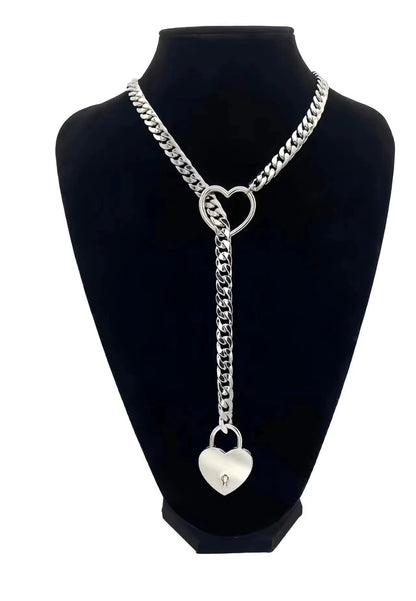 Silver Heart Lock Chain Collar with Key