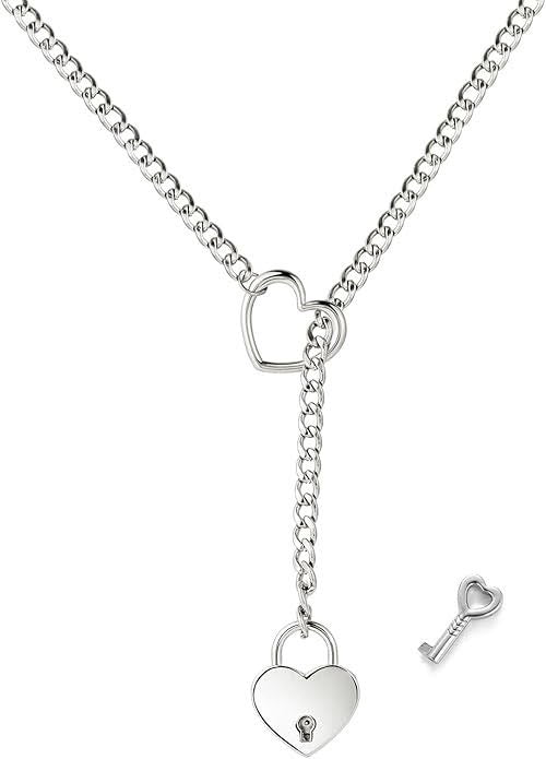 Silver Heart Lock Chain Collar with Key