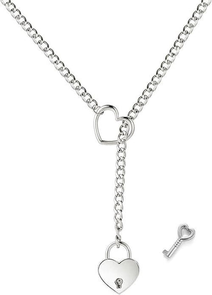 Silver Heart Lock Chain Collar with Key